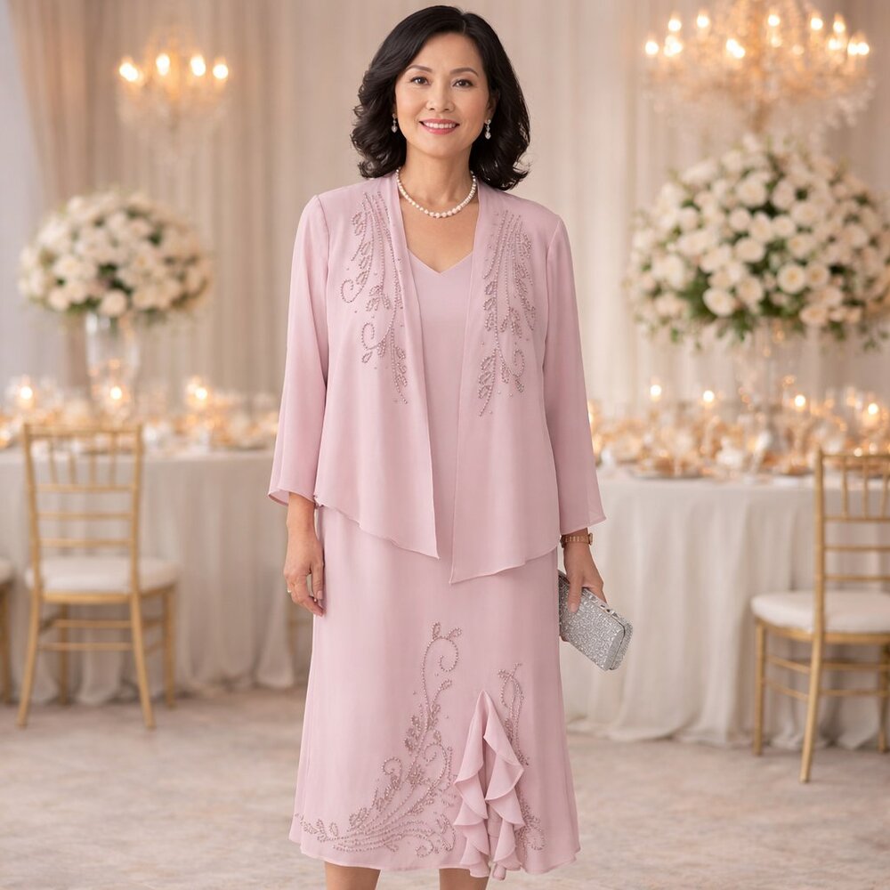 R&M Richards Blush Beaded Mother of the Bride Dress Set Petite 8 Formal